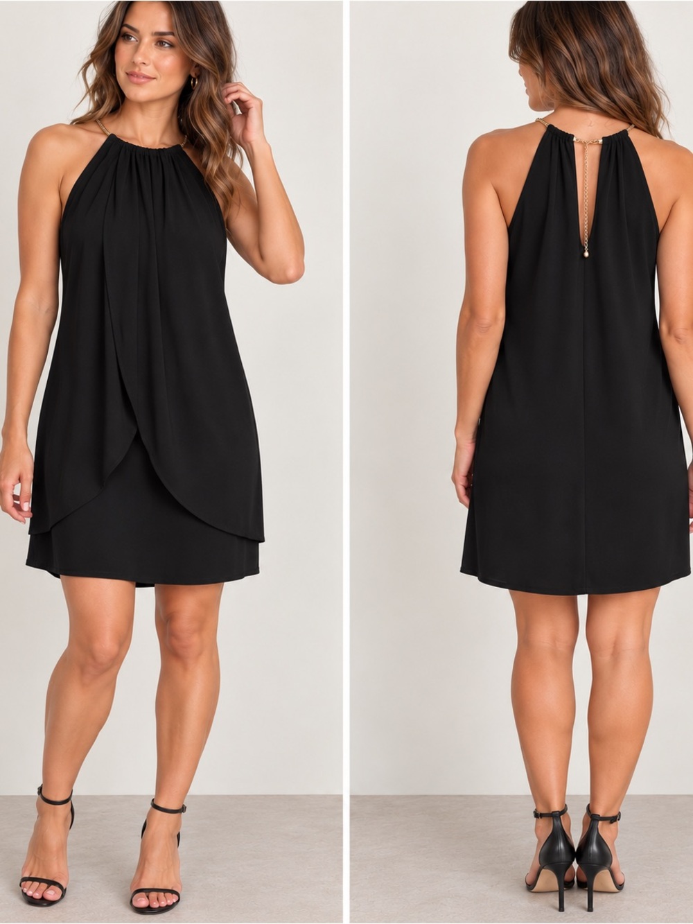 Kensie Black Halter Mini Dress Gold Chain Layered Overlay Cocktail Party 12